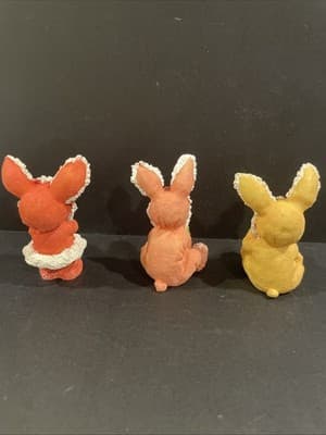 Lot Of 3 Bunny Suit Costume Girl 3" Figurines Holding Flowers Pink Yellow Ears - Thumbnail 4