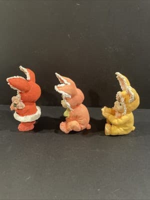 Lot Of 3 Bunny Suit Costume Girl 3" Figurines Holding Flowers Pink Yellow Ears - Thumbnail 5