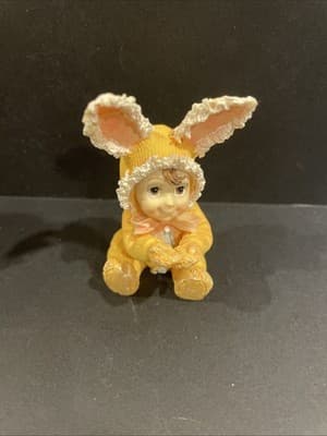 Lot Of 3 Bunny Suit Costume Girl 3" Figurines Holding Flowers Pink Yellow Ears - Thumbnail 7