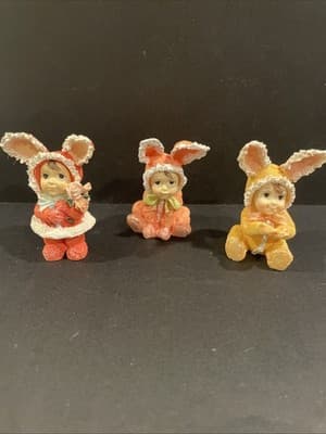 Lot Of 3 Bunny Suit Costume Girl 3" Figurines Holding Flowers Pink Yellow Ears - Thumbnail 2