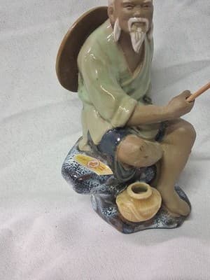 VTG Chinese Mud Man Fisherman with hat Sitting on his Blue Bench & Pot of Fish - Thumbnail 4