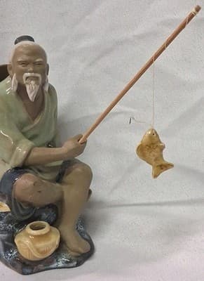 VTG Chinese Mud Man Fisherman with hat Sitting on his Blue Bench & Pot of Fish - Thumbnail 5