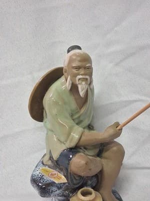 VTG Chinese Mud Man Fisherman with hat Sitting on his Blue Bench & Pot of Fish - Thumbnail 3