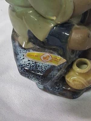 VTG Chinese Mud Man Fisherman with hat Sitting on his Blue Bench & Pot of Fish - Thumbnail 9