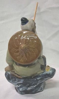 VTG Chinese Mud Man Fisherman with hat Sitting on his Blue Bench & Pot of Fish - Thumbnail 6