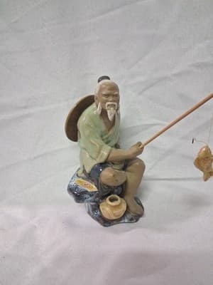 VTG Chinese Mud Man Fisherman with hat Sitting on his Blue Bench & Pot of Fish - Thumbnail 2