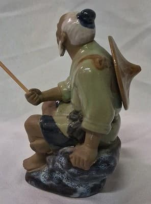 VTG Chinese Mud Man Fisherman with hat Sitting on his Blue Bench & Pot of Fish - Thumbnail 7