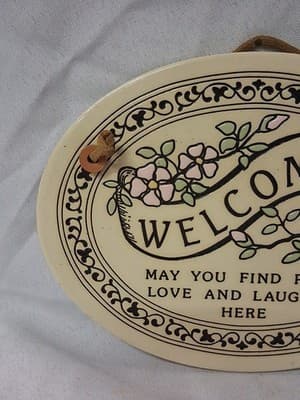 Vintage Trinity Pottery Welcome Plaque Love Laughter Bird Floral Handmade Hang - Thumbnail 2