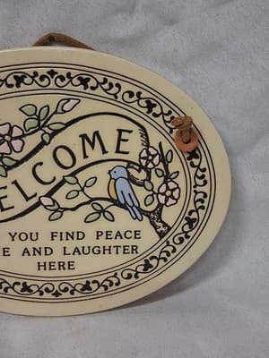 Vintage Trinity Pottery Welcome Plaque Love Laughter Bird Floral Handmade Hang - Thumbnail 3