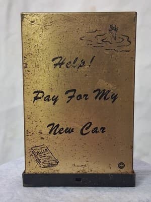 Vintage 1940's Harwood Brass "Help Pay For My New Car" Coin Bank Rare - Thumbnail 2
