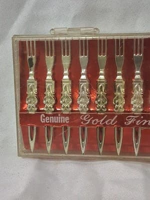 Vintage Tiki-Style Gold Finish Hors D'oeuvre Pick Fork Set - Thumbnail 2