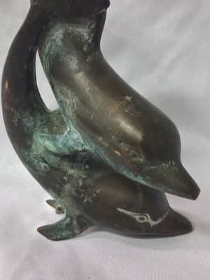 BRASS Metal Pair of Dolphins Vintage Sculpture M. Scholes Large Modern Figurine - Thumbnail 2