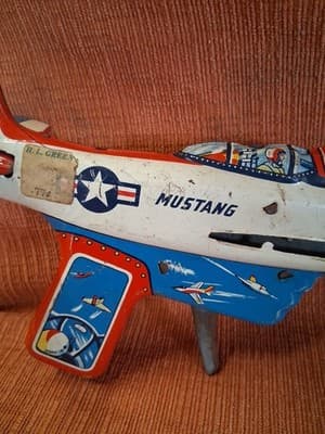 VINTAGE TN P-51 MUSTANG TIN TOY,SPARK EMITING*MOVING PROP!GIFT,USAF,METAL,1960s! - Thumbnail 4