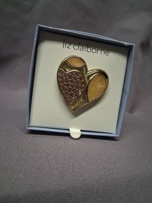 VTG Liz Claiborne LC Heart Brooch Pink Rhinestones Pin Tan Enamel Gold Tone - Thumbnail 3
