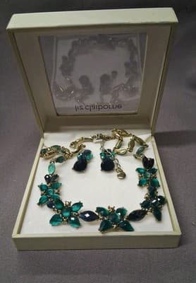 NIB Liz Claiborne Gold Tone Rhinestone Green Floral Black Necklace Earring Set