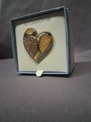 VTG Liz Claiborne LC Heart Brooch Pink Rhinestones Pin Tan Enamel Gold Tone - Thumbnail 2
