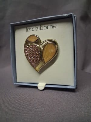 VTG Liz Claiborne LC Heart Brooch Pink Rhinestones Pin Tan Enamel Gold Tone - Thumbnail 4