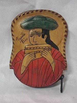 Vtg Puerto Rico Handcrafted Leather Pouch Coin Purse Stitched Painted Signed