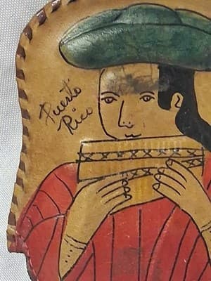 Vtg Puerto Rico Handcrafted Leather Pouch Coin Purse Stitched Painted Signed - Thumbnail 2