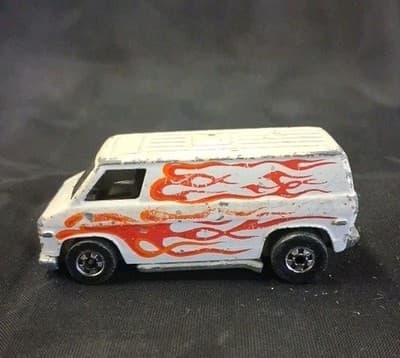 Vintage Hot Wheels, White Van w/ Flames, 1974 Malaysia
