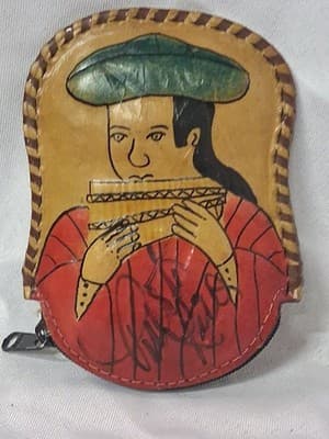 Vtg Puerto Rico Handcrafted Leather Pouch Coin Purse Stitched Painted Signed - Thumbnail 4