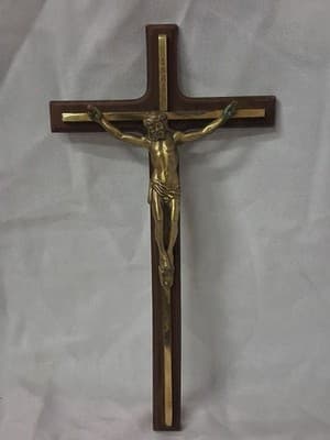 Vintage Wall Crucifix Jesus Oak Wood Gold NR Cross 10”
