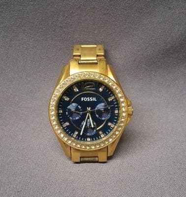 Fossil Rose Gold Tone Black Dial Crystal Bezel Women's Watch Nice!