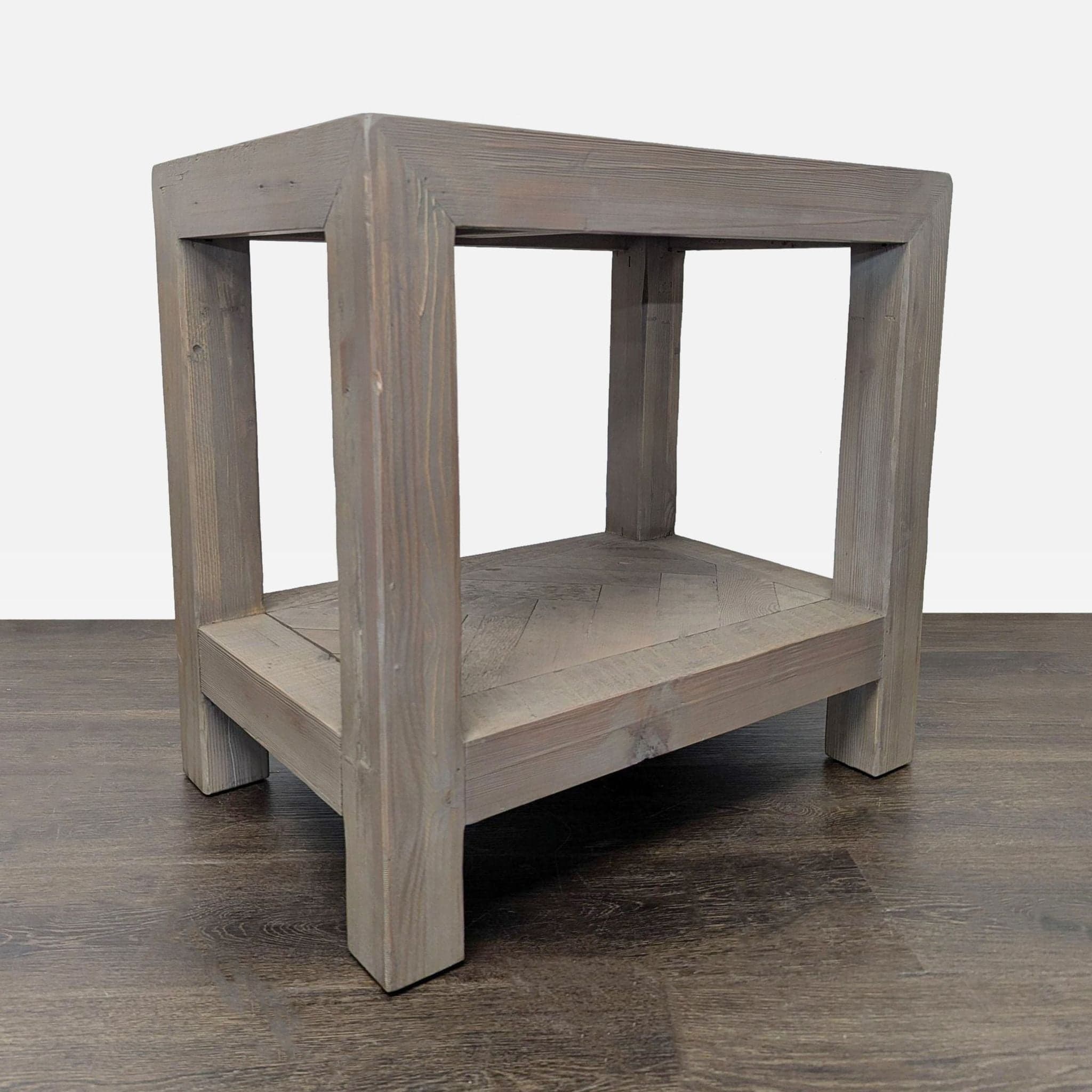 Rustic Wood End Table with Herringbone Top and Shelf - Thumbnail 3
