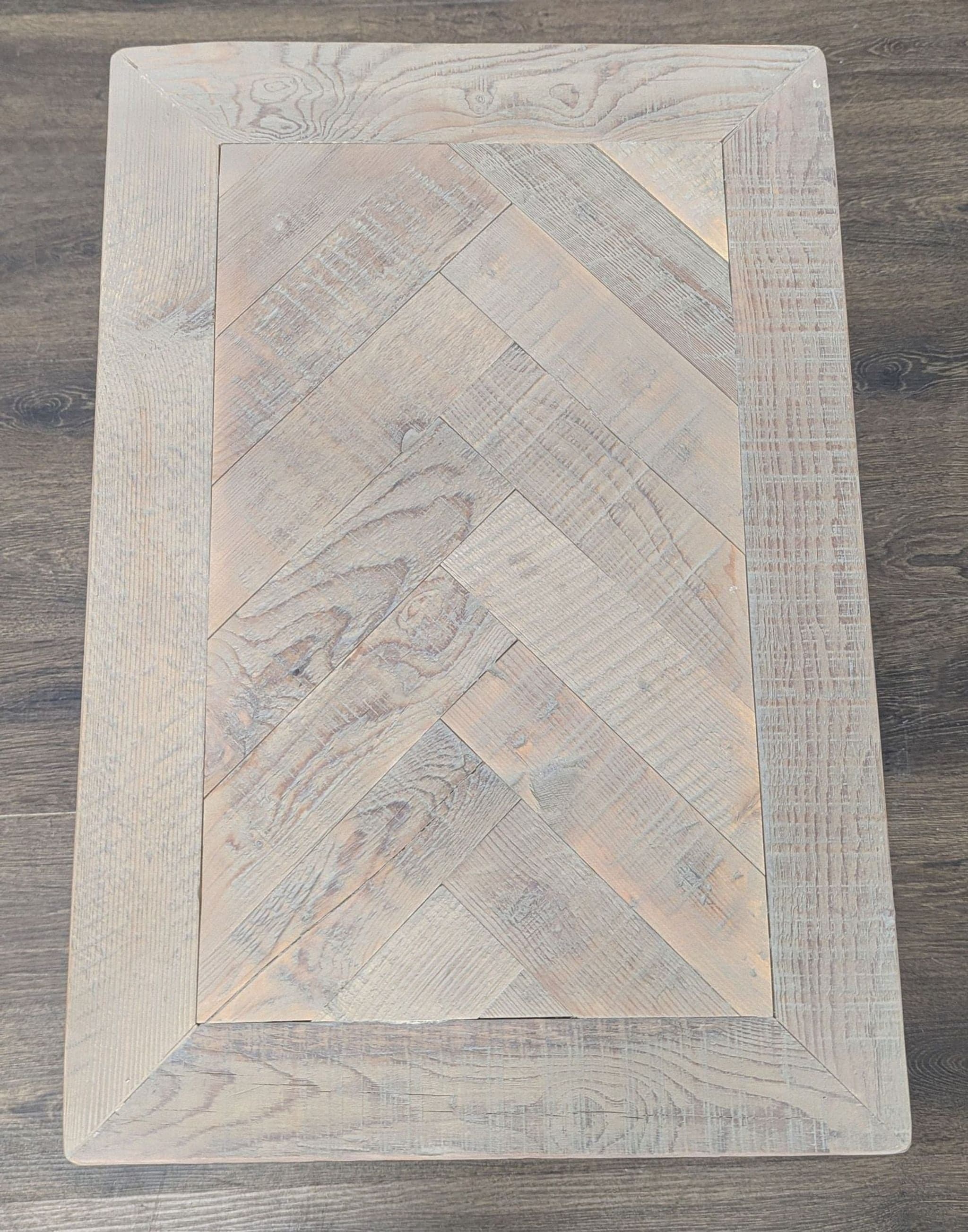 Rustic Wood End Table with Herringbone Top and Shelf - Thumbnail 2