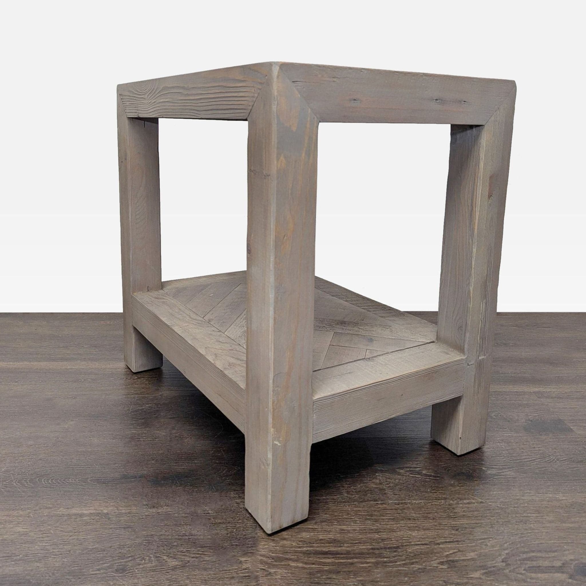 Rustic Wood End Table with Herringbone Top and Shelf - Thumbnail 4