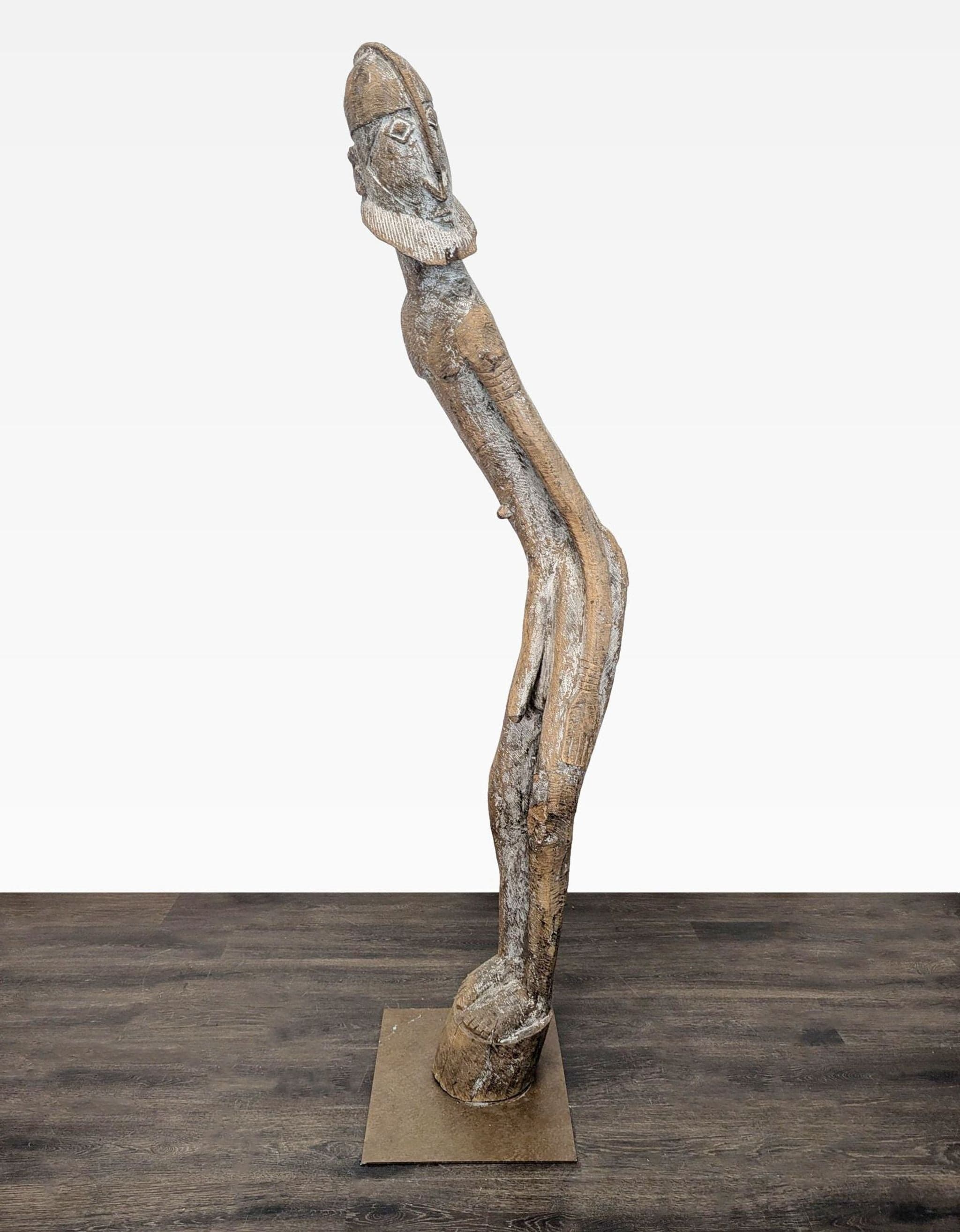Monumental Hand-Carved African Style Wood Figure Sculpture on Metal Base