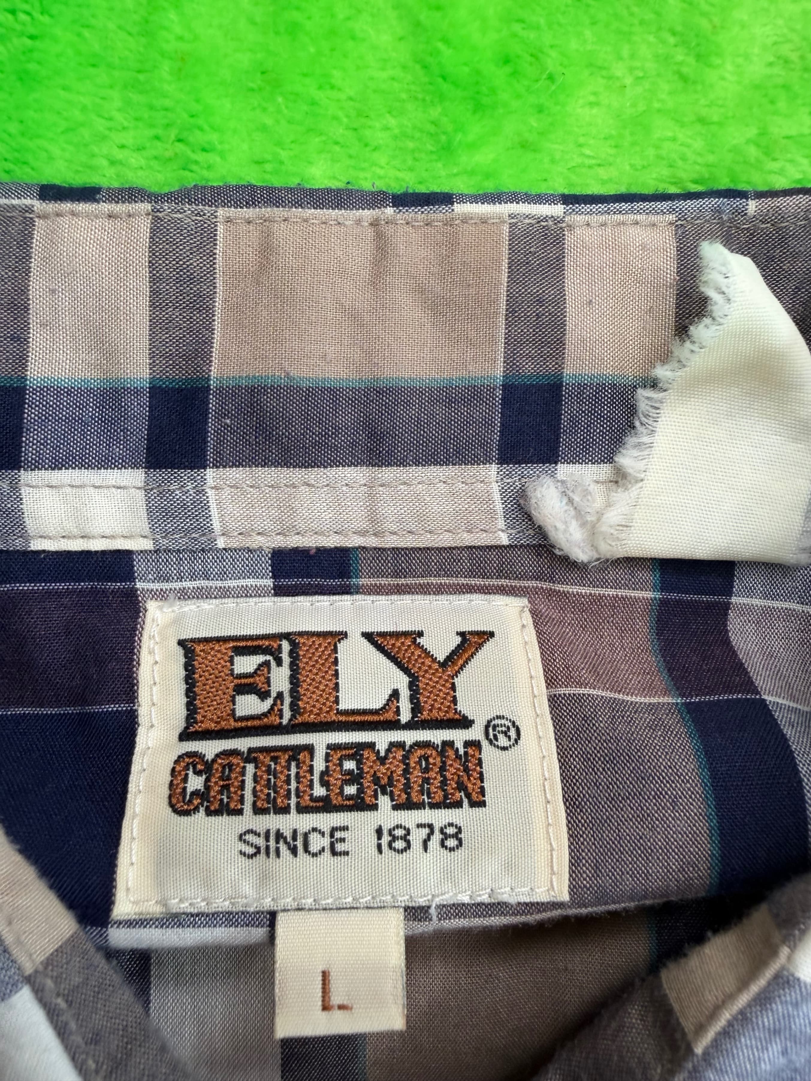 Vtg Ely Cattleman Pearl Snap Western Shirt Mens Sz L Navy Tan Plaid - Thumbnail 3