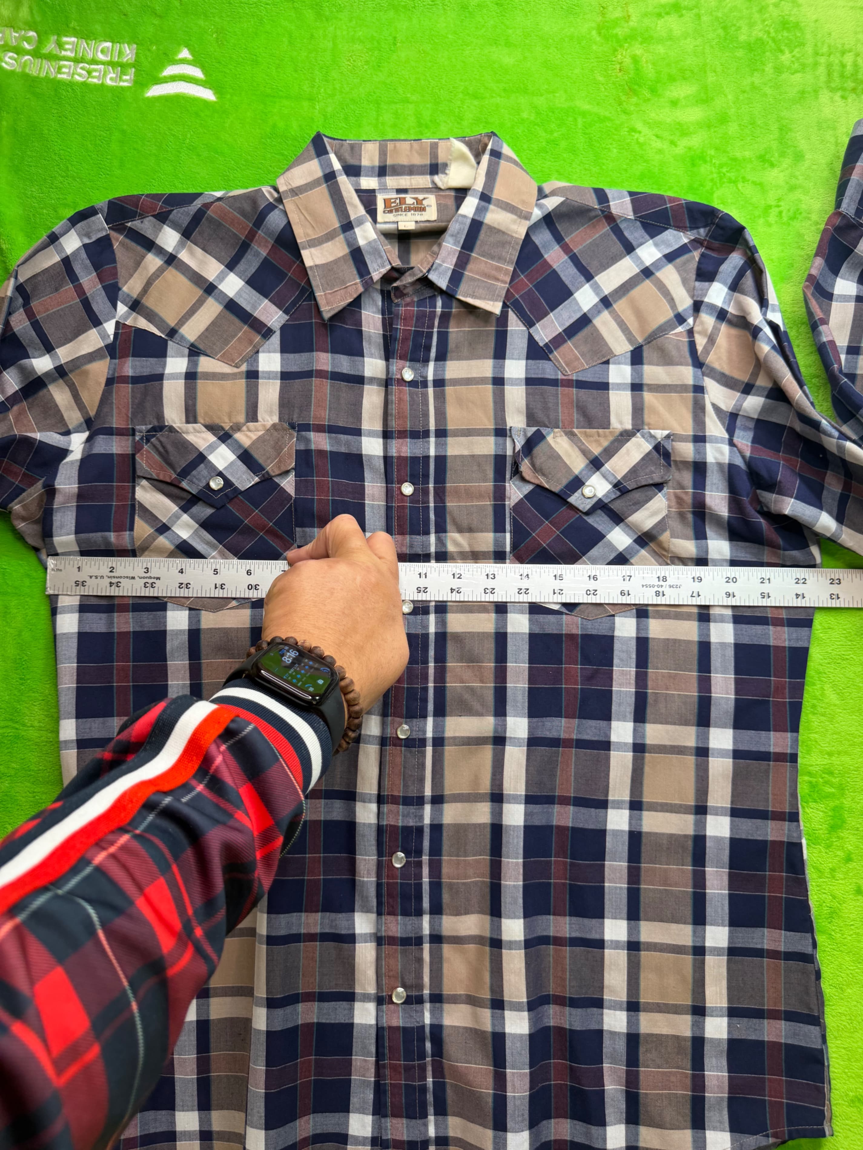 Vtg Ely Cattleman Pearl Snap Western Shirt Mens Sz L Navy Tan Plaid - Thumbnail 6
