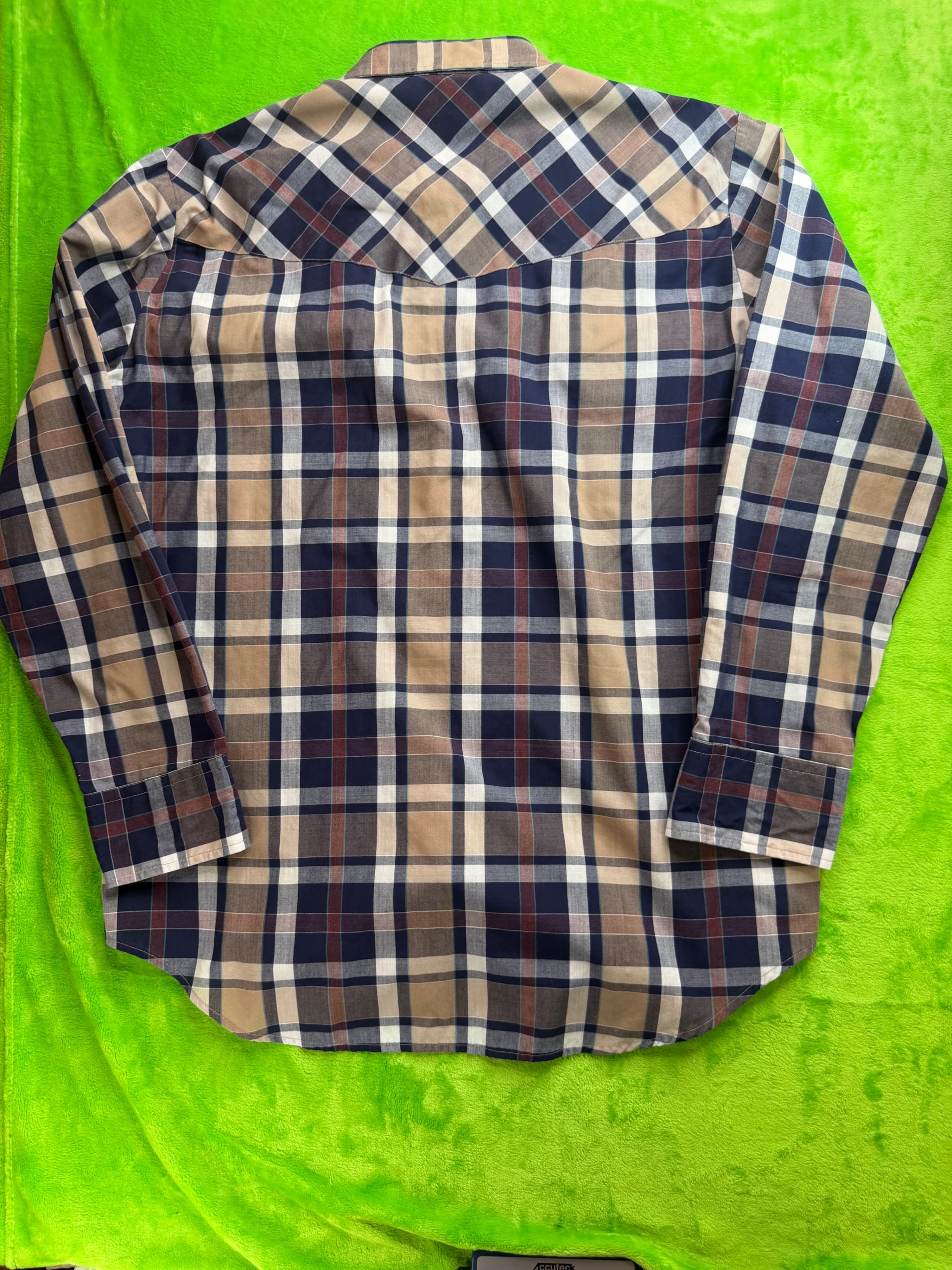 Vtg Ely Cattleman Pearl Snap Western Shirt Mens Sz L Navy Tan Plaid - Thumbnail 2