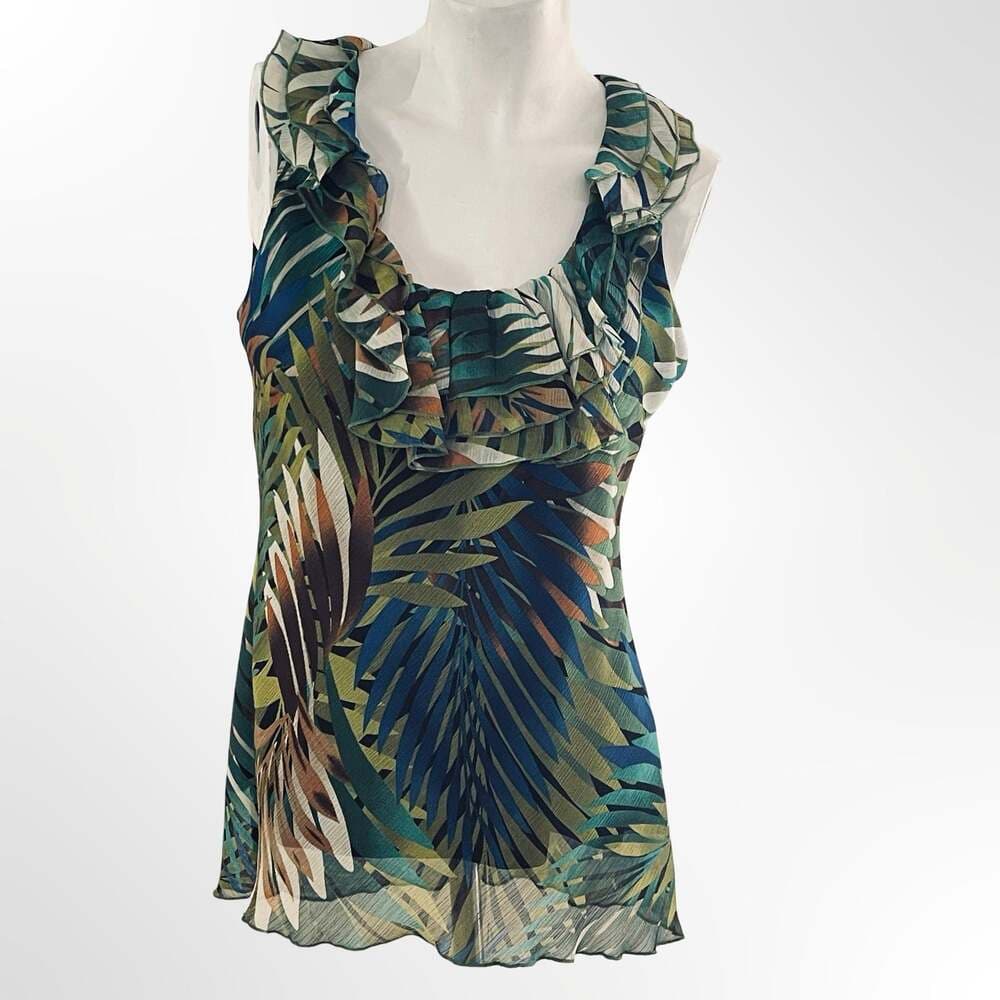 Spense Tropical Palm Leaf Ruffle Trim Sleeveless Top - Thumbnail 5