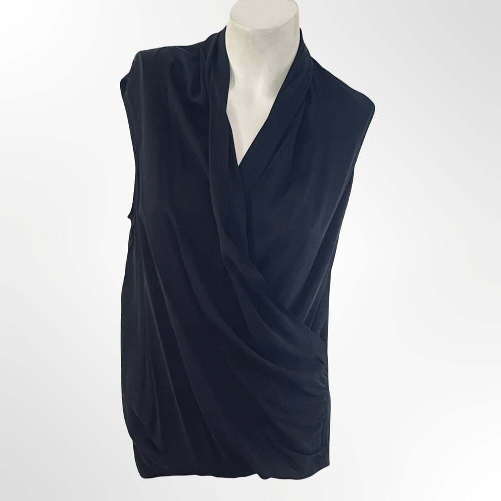 Theory Black Sleeveless Draped Faux Wrap Silk Blouse - Thumbnail 5