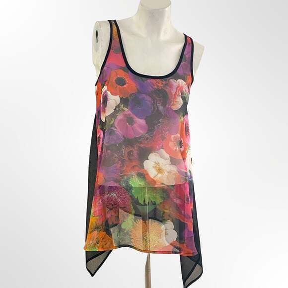 Jeans by Buffalo Floral Sheer Mesh Overlay Sharkbite Hem Tank Top - Thumbnail 6