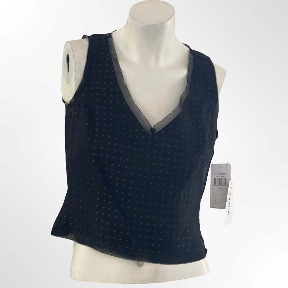 Calvin Klein Petites Black Silk Geometric Print V-Neck Sleeveless Top - Thumbnail 7