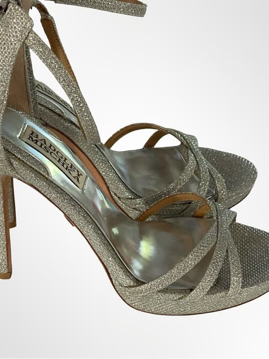 Badgley Mischka Silver Glitter Strappy Heels in size 5 - Thumbnail 8
