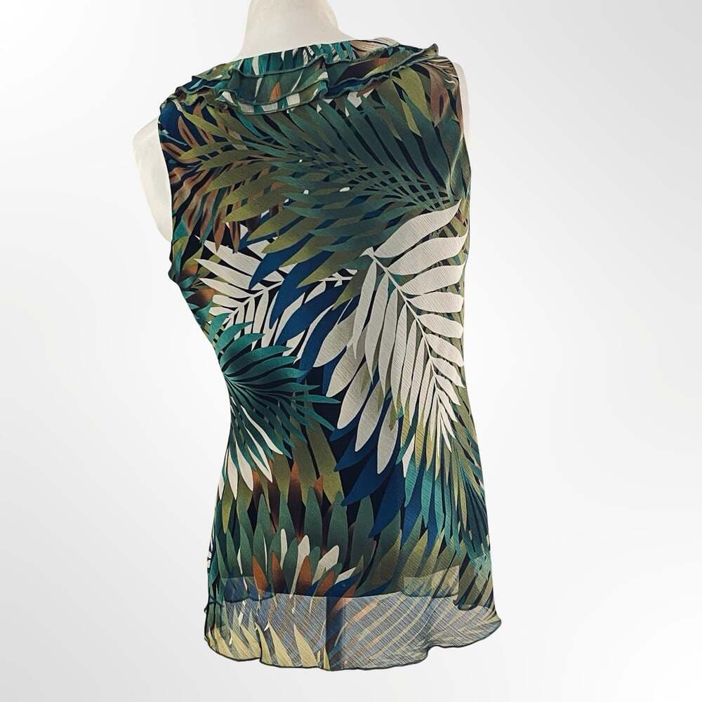 Spense Tropical Palm Leaf Ruffle Trim Sleeveless Top - Thumbnail 2