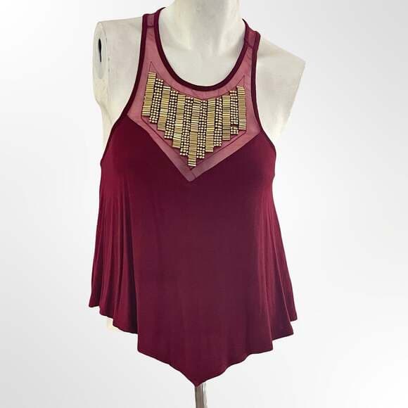 Charlotte Russe Burgundy Embellished Mixed Media Racerback Tank Top - Thumbnail 6