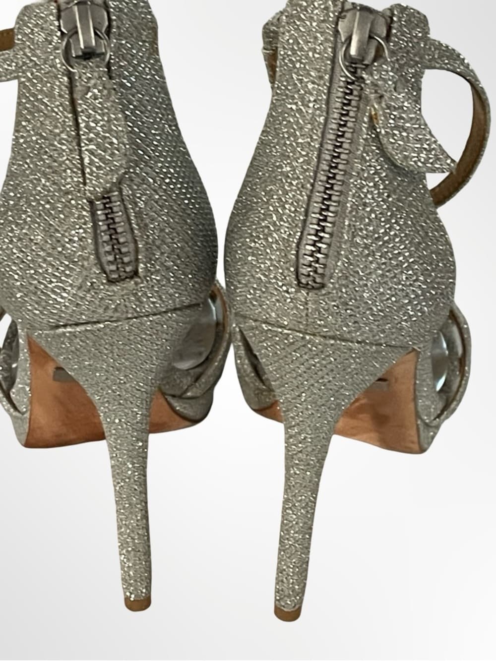 Badgley Mischka Silver Glitter Strappy Heels in size 5 - Thumbnail 2