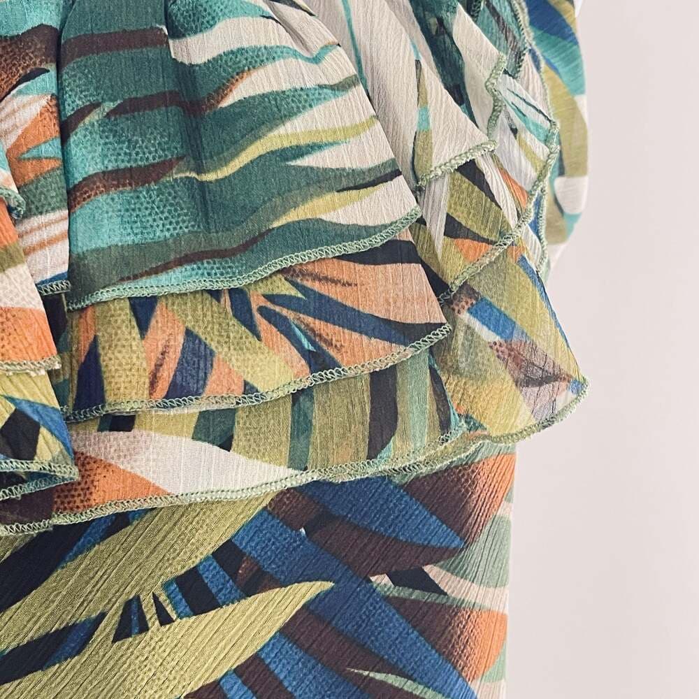 Spense Tropical Palm Leaf Ruffle Trim Sleeveless Top - Thumbnail 3