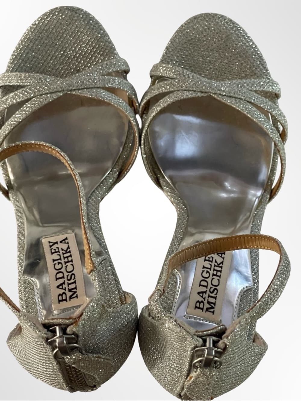 Badgley Mischka Silver Glitter Strappy Heels in size 5 - Thumbnail 4