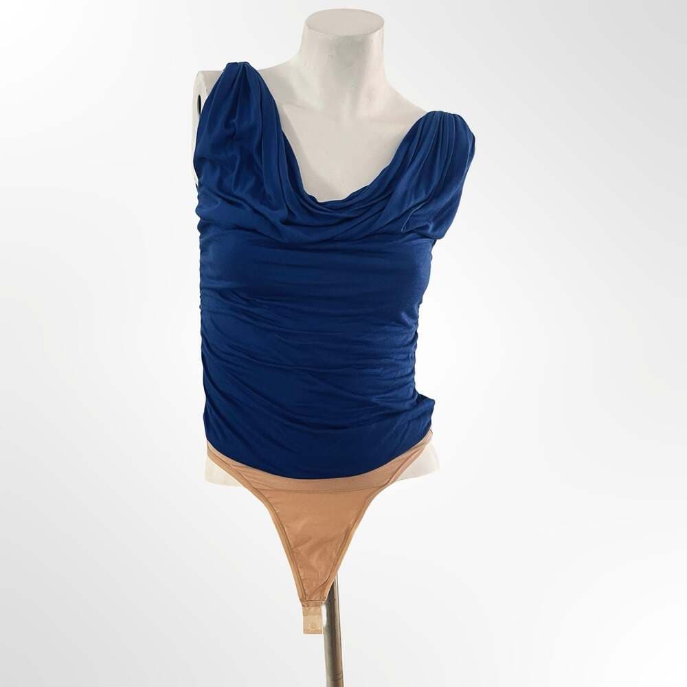 Express Blue Ruched Cowl Neck Sleeveless Bodysuit - Thumbnail 5