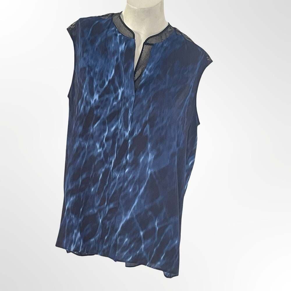 T Tahari Blue Marble Print Sleeveless Blouse with Mesh Trim - Thumbnail 6