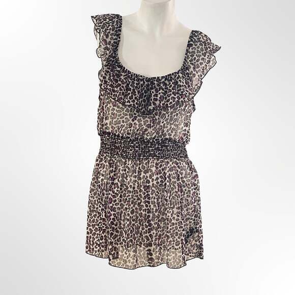 Twenty One Purple and Brown Leopard Print Flutter Sleeve Chiffon Mini Dress - Thumbnail 6