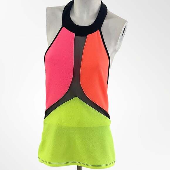 Flamingo Neon Colorblock Mesh Halter Tank Top - Thumbnail 7