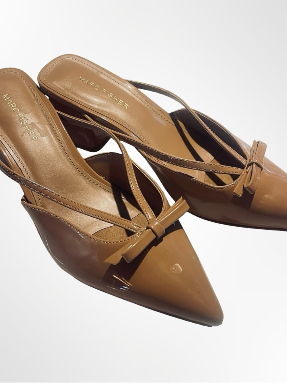 Marc Fisher Tan Patent Pointed-Toe Bow Slingback Mules in size 8.5 - Thumbnail 7