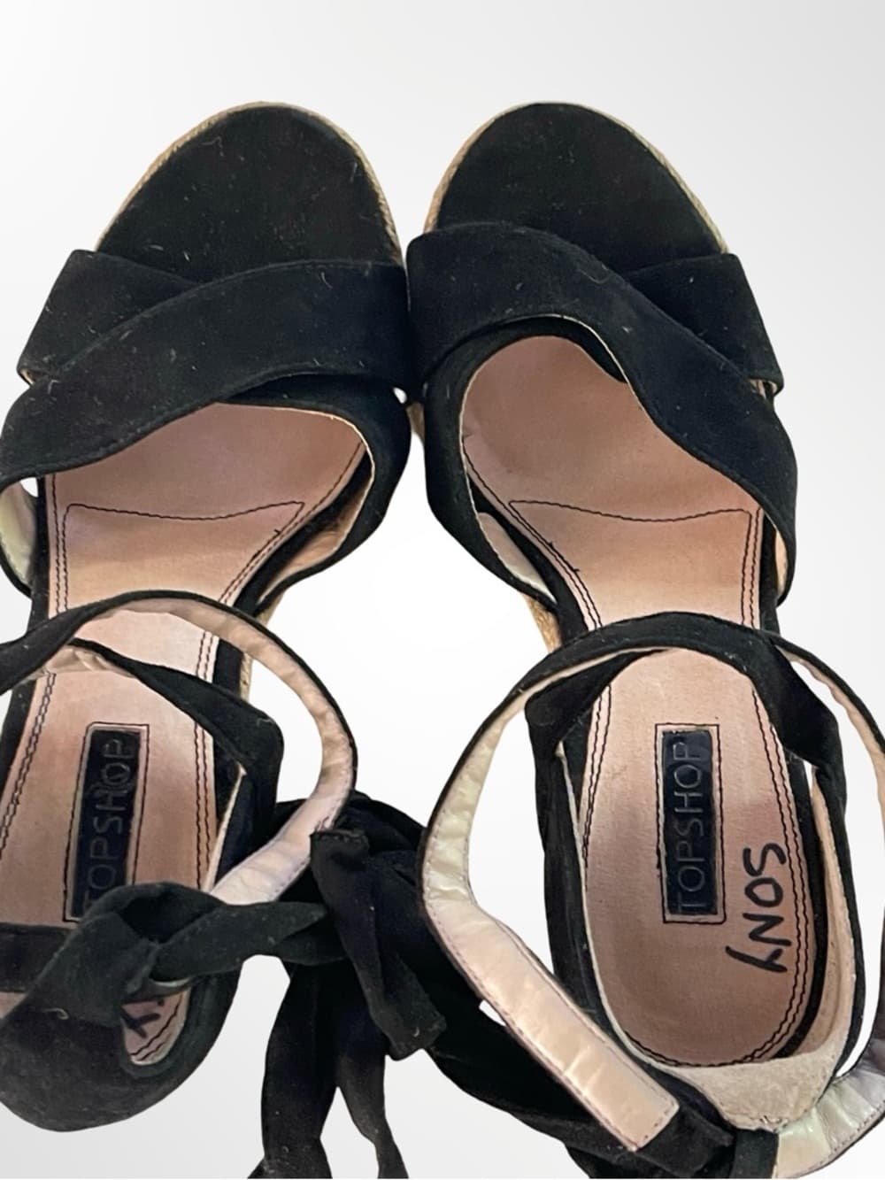 Topshop Black Suede Espadrille Wedge Sandals with Ankle Ties - Thumbnail 4